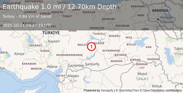 Earthquake EASTERN TURKEY (1.0 ml) (2025-10-21 19:27:15 UTC)