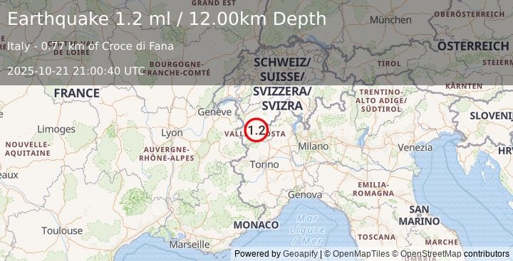 Earthquake NORTHERN ITALY (1.2 ml) (2025-10-21 21:00:40 UTC)