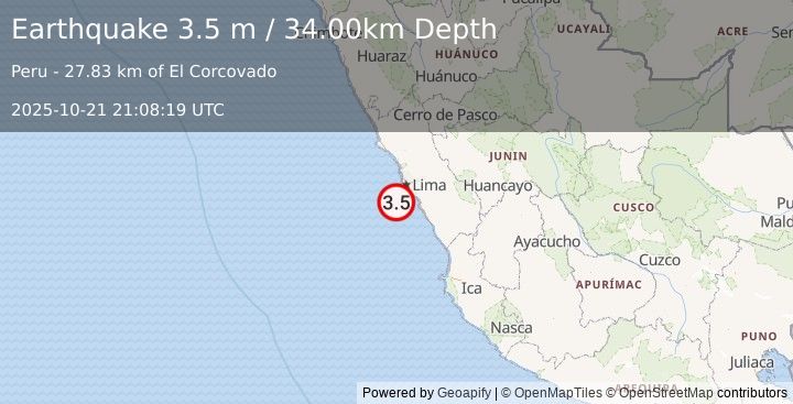 Earthquake NEAR COAST OF CENTRAL PERU (3.5 m) (2025-10-21 21:08:19 UTC)