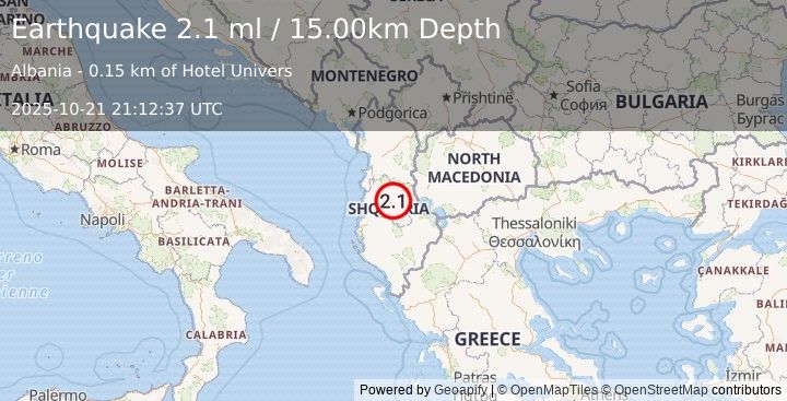 Earthquake ALBANIA (2.1 ml) (2025-10-21 21:12:37 UTC)