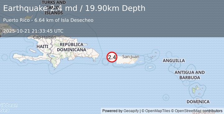 Earthquake MONA PASSAGE, PUERTO RICO (2.4 md) (2025-10-21 21:33:45 UTC)