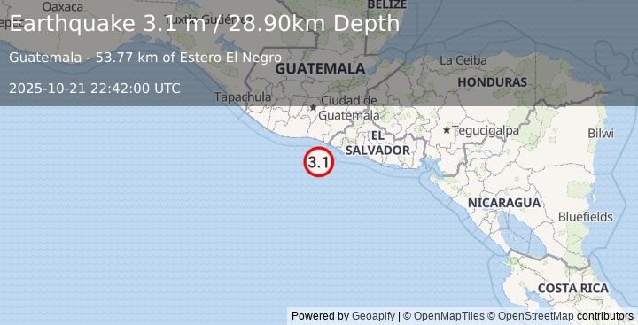 Earthquake OFFSHORE EL SALVADOR (3.1 m) (2025-10-21 22:42:00 UTC)