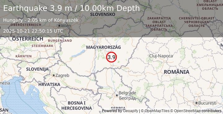 Earthquake HUNGARY (3.9 m) (2025-10-21 22:50:15 UTC)