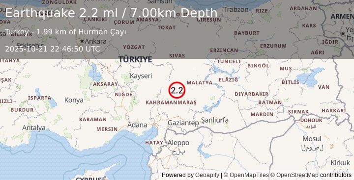 Earthquake CENTRAL TURKEY (2.2 ml) (2025-10-21 22:46:49 UTC)