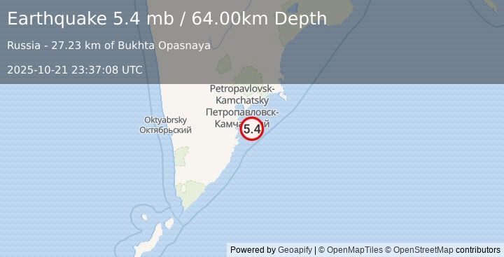 Earthquake NEAR EAST COAST OF KAMCHATKA (5.1 mw) (2025-10-21 23:37:09 UTC)