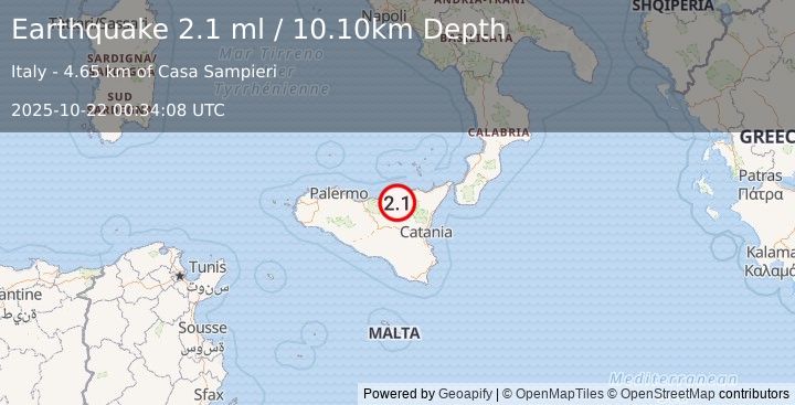 Earthquake SICILY, ITALY (2.1 ml) (2025-10-22 00:34:08 UTC)