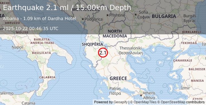 Earthquake ALBANIA (2.1 ml) (2025-10-22 00:46:35 UTC)