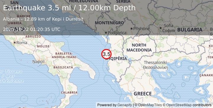 Earthquake ADRIATIC SEA (3.6 ml) (2025-10-22 01:20:35 UTC)