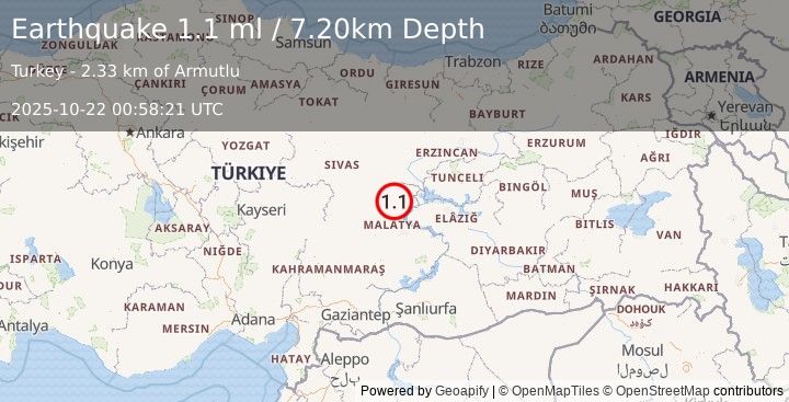 Earthquake EASTERN TURKEY (1.1 ml) (2025-10-22 00:58:20 UTC)