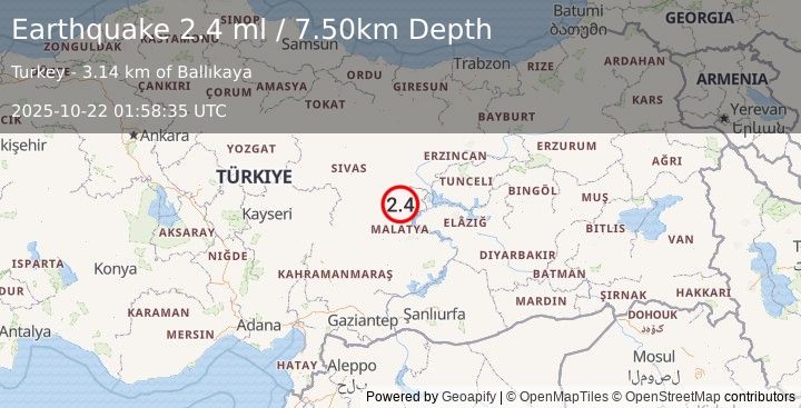 Earthquake EASTERN TURKEY (2.4 ml) (2025-10-22 01:58:35 UTC)