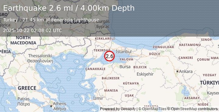 Earthquake WESTERN TURKEY (2.6 ml) (2025-10-22 02:08:02 UTC)