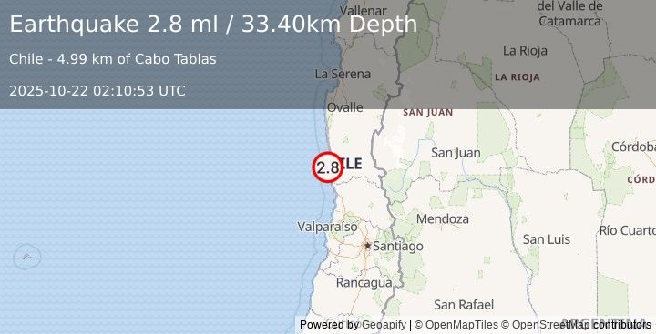 Earthquake OFFSHORE COQUIMBO, CHILE (2.8 ml) (2025-10-22 02:10:53 UTC)