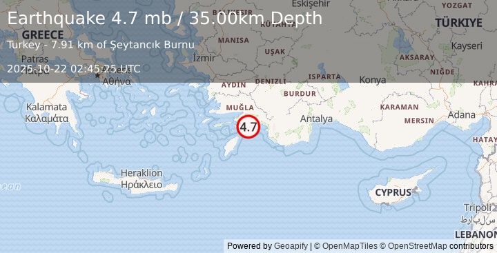 Earthquake DODECANESE IS.-TURKEY BORDER REG (4.7 ml) (2025-10-22 02:45:25 UTC)
