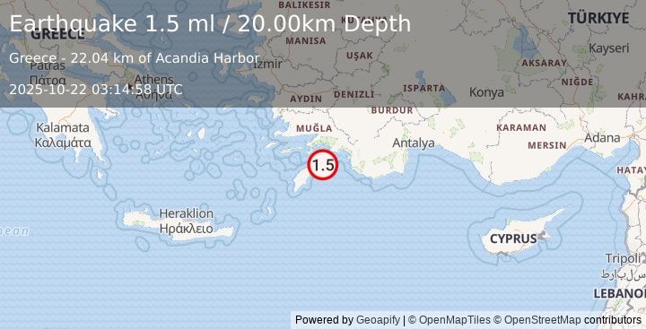 Earthquake DODECANESE IS.-TURKEY BORDER REG (1.5 ml) (2025-10-22 03:14:54 UTC)