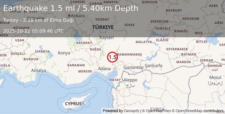 Earthquake CENTRAL TURKEY (1.5 ml) (2025-10-22 05:09:46 UTC)