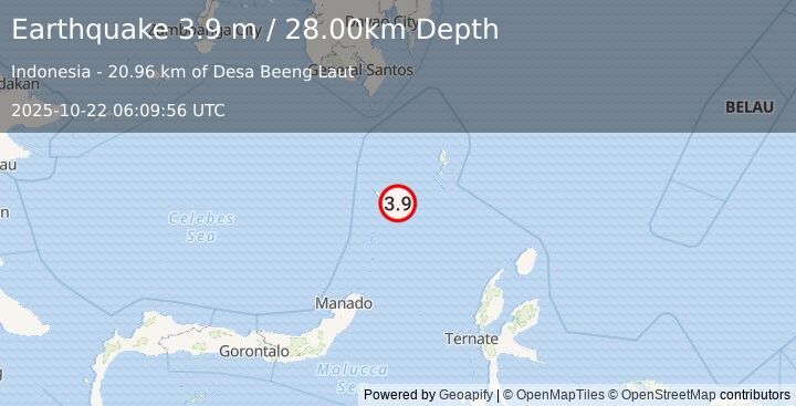 Earthquake KEPULAUAN SANGIHE, INDONESIA (3.9 m) (2025-10-22 06:09:56 UTC)