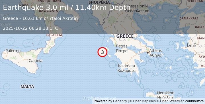 Earthquake GREECE (3.0 ml) (2025-10-22 06:28:18 UTC)