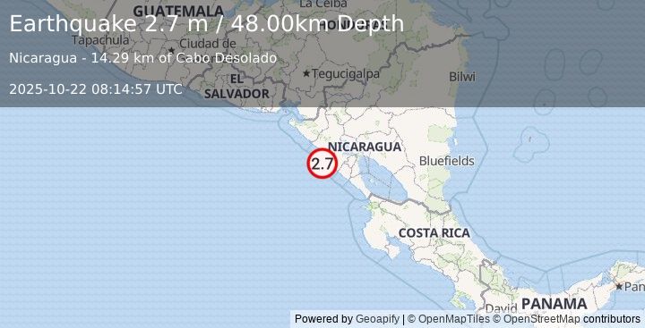 Earthquake NEAR COAST OF NICARAGUA (2.7 m) (2025-10-22 08:14:57 UTC)