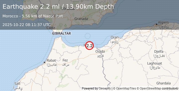 Earthquake STRAIT OF GIBRALTAR (2.2 ml) (2025-10-22 08:11:37 UTC)