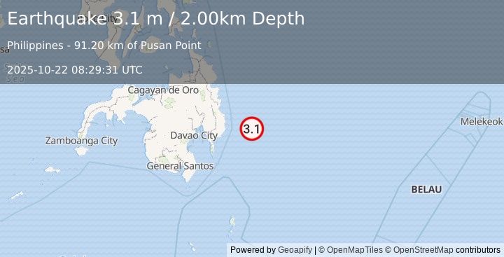 Earthquake PHILIPPINE ISLANDS REGION (3.1 m) (2025-10-22 08:29:31 UTC)