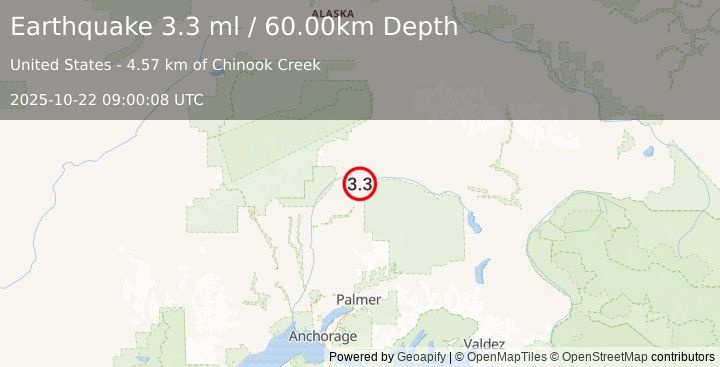 Earthquake CENTRAL ALASKA (3.6 ml) (2025-10-22 09:00:08 UTC)