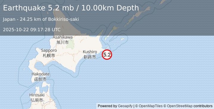 Earthquake HOKKAIDO, JAPAN REGION (5.2 mb) (2025-10-22 09:17:34 UTC)