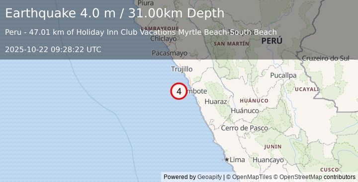 Earthquake OFF COAST OF NORTHERN PERU (4.0 m) (2025-10-22 09:28:22 UTC)
