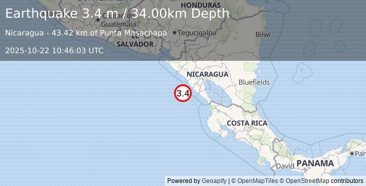 Earthquake NEAR COAST OF NICARAGUA (3.4 m) (2025-10-22 10:46:03 UTC)