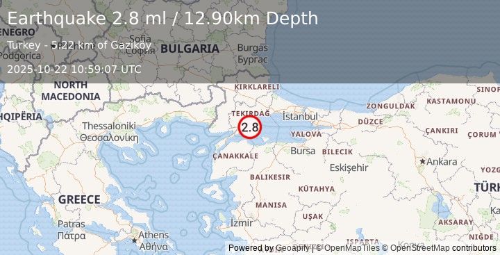 Earthquake WESTERN TURKEY (2.8 ml) (2025-10-22 10:59:07 UTC)