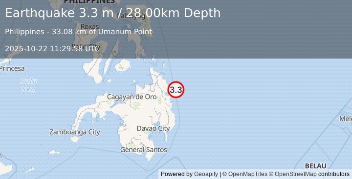 Earthquake MINDANAO, PHILIPPINES (3.3 m) (2025-10-22 11:29:58 UTC)