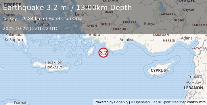 Earthquake DODECANESE IS.-TURKEY BORDER REG (3.0 ml) (2025-10-22 12:01:20 UTC)
