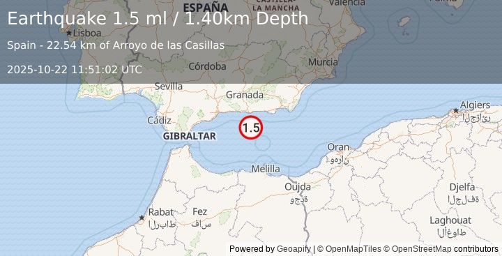 Earthquake STRAIT OF GIBRALTAR (1.5 ml) (2025-10-22 11:51:02 UTC)
