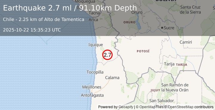 Earthquake TARAPACA, CHILE (2.7 ml) (2025-10-22 15:35:23 UTC)