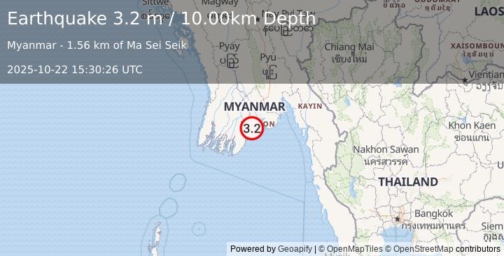 Earthquake NEAR SOUTH COAST OF MYANMAR (3.2 m) (2025-10-22 15:30:26 UTC)