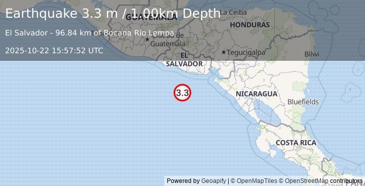 Earthquake OFFSHORE EL SALVADOR (3.3 m) (2025-10-22 15:57:52 UTC)