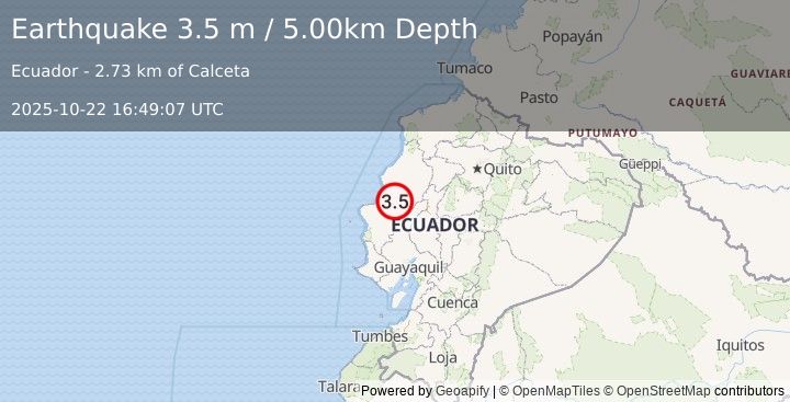 Earthquake NEAR COAST OF ECUADOR (3.5 ml) (2025-10-22 16:49:00 UTC)