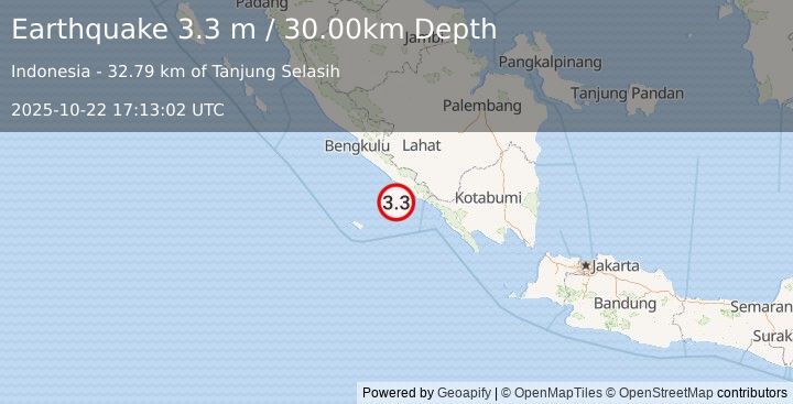 Earthquake SOUTHERN SUMATRA, INDONESIA (3.3 m) (2025-10-22 17:13:02 UTC)