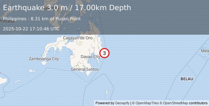 Earthquake MINDANAO, PHILIPPINES (3.0 m) (2025-10-22 17:10:46 UTC)