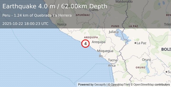 Earthquake NEAR COAST OF SOUTHERN PERU (4.0 m) (2025-10-22 18:00:23 UTC)