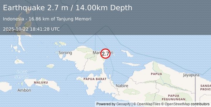 Earthquake NEAR N COAST OF PAPUA, INDONESIA (2.7 m) (2025-10-22 18:41:28 UTC)