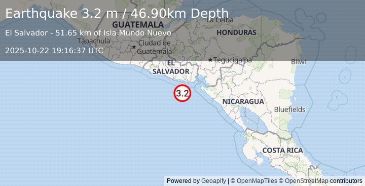 Earthquake OFFSHORE EL SALVADOR (3.2 m) (2025-10-22 19:16:37 UTC)