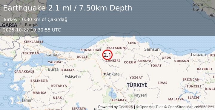 Earthquake CENTRAL TURKEY (2.1 ml) (2025-10-22 19:30:55 UTC)