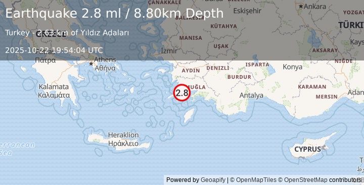 Earthquake DODECANESE IS.-TURKEY BORDER REG (2.7 ml) (2025-10-22 19:54:02 UTC)