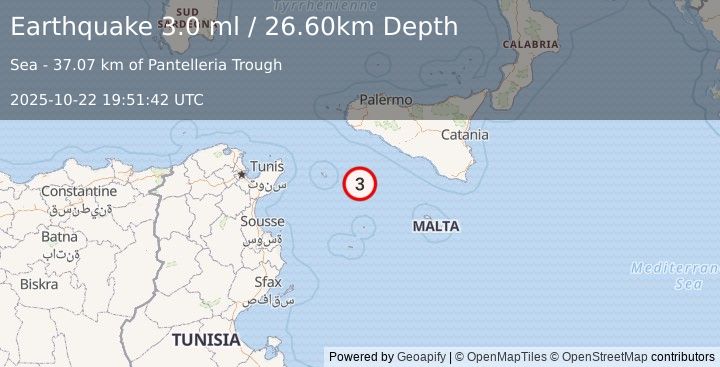 Earthquake CENTRAL MEDITERRANEAN SEA (3.0 ml) (2025-10-22 19:51:42 UTC)