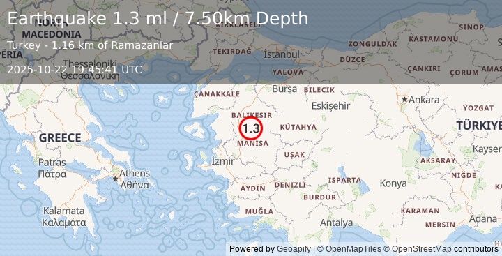 Earthquake WESTERN TURKEY (1.3 ml) (2025-10-22 19:45:41 UTC)