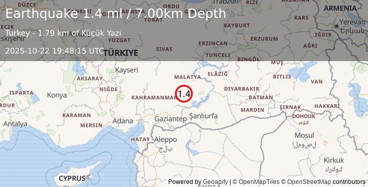 Earthquake CENTRAL TURKEY (1.4 ml) (2025-10-22 19:48:15 UTC)