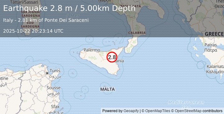Earthquake SICILY, ITALY (3.0 ml) (2025-10-22 20:23:12 UTC)
