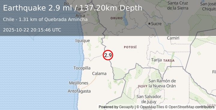 Earthquake ANTOFAGASTA, CHILE (2.9 ml) (2025-10-22 20:15:46 UTC)