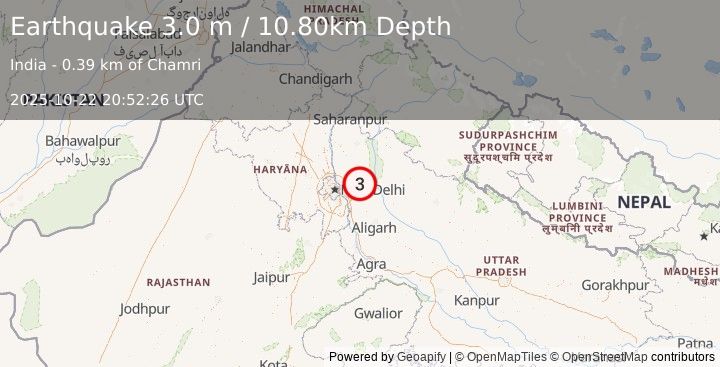 Earthquake HARYANA-UTTAR PRADESH REG, INDIA (3.0 m) (2025-10-22 20:52:26 UTC)