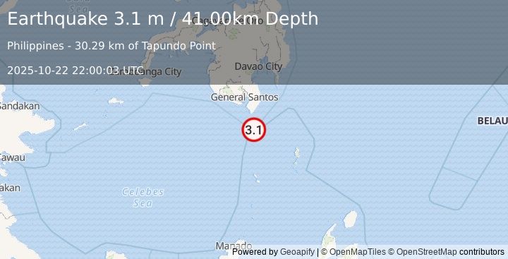 Earthquake MINDANAO, PHILIPPINES (3.1 m) (2025-10-22 22:00:03 UTC)
